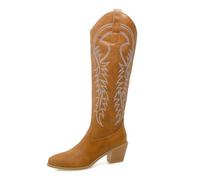 Eestfy Stivali Cowgirl Western da Donna al Ginocchio in Pelle PU con Ricami Punta A Punta Tacco Largo per Concerti Country E Street Style,Light Brown,49 EU