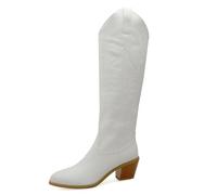 Eestfy Stivali Cowgirl Western da Donna al Ginocchio in Pelle PU con Ricami Punta A Punta Tacco Largo per Concerti Country E Street Style,Bianca,49 EU