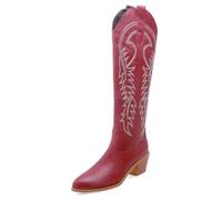 Eestfy Stivali Cowgirl Western da Donna al Ginocchio in Pelle PU con Ricami Punta A Punta Tacco Largo per Concerti Country E Street Style,Burgundy,48 EU
