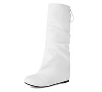 Eestfy Stivali da Donna Morbidi al Ginocchio Similpelle Laccio Posteriore Suola Bassa Rialzo Nascosto 5cm Perfetti per Inverno Viaggio Quotidiano Shopping E Streetwear,Bianca,35 EU