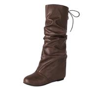 Eestfy Stivali da Donna Morbidi al Ginocchio Similpelle Laccio Posteriore Suola Bassa Rialzo Nascosto 5cm Perfetti per Inverno Viaggio Quotidiano Shopping E Streetwear,Marrone,42 EU