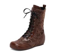 Eestfy Stivali Donna al Polpaccio con Lacci Stivali Stile Vittoriano Brogue Tacco a Blocco Spesso Punta Tonda Stile Combat per Abbigliamento Casual Autunno e Inverno,Marrone,40 EU