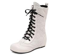 Eestfy Stivali Donna al Polpaccio con Lacci Stivali Stile Vittoriano Brogue Tacco a Blocco Spesso Punta Tonda Stile Combat per Abbigliamento Casual Autunno e Inverno,Bianca,35 EU