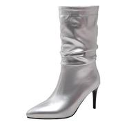 Eestfy Stivali Donna Metallizzati Mezzo Polpaccio Punta a Punta Tacco Stiletto Slip-On Stivaletti Eleganti al Ginocchio Stivali Invernali Arricciati per Uscite Notturne,Argento,35 EU