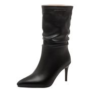 Eestfy Stivali Donna Metallizzati Mezzo Polpaccio Punta a Punta Tacco Stiletto Slip-On Stivaletti Eleganti al Ginocchio Stivali Invernali Arricciati per Uscite Notturne,Nero,47 EU