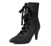 Eestfy Stivali Donna Scamosciato Polpaccio Medio Punta A Tacco Stiletto Stivali Abito Sera per Ricevimento Allacciatura Stivali Caviglia Scavati Traspirante per Primavera Autunno,Nero,46 EU