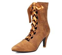 Eestfy Stivali Donna Scamosciato Polpaccio Medio Punta A Tacco Stiletto Stivali Abito Sera per Ricevimento Allacciatura Stivali Caviglia Scavati Traspirante per Primavera Autunno,Marrone,35 EU