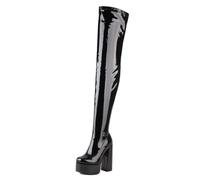 Eestfy Stivali Oltre Il Ginocchio con Plateau Donna in Pelle Similpelle Tacco Spuntato Design con Cerniera Laterale Calzature Dichiarazione per Spettacolo dal Vivo Club,Patent Black,41 EU