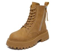 Eestfy Stivali Platform Combat da Donna in Pelle Nera O Gialla con Lacci Tacco Spesso Stivali A metà Polpaccio per Autunno E Inverno Uscite Casual Altezza Nascosta,Yellow6cm,34 EU