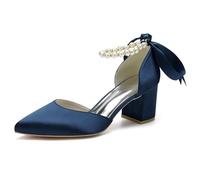 Eestfy Tacchi di Moda Donna in Raso Cinturino con Perle Fiocco Punta Aguzza Tacco A Blocco Sandali Eleganti Elegante Texture Lucida Scarpe da Sposa per da Festa Ed Eventi Serali,Dark Blue,40 EU