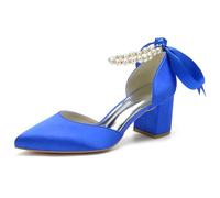 Eestfy Tacchi di Moda Donna in Raso Cinturino con Perle Fiocco Punta Aguzza Tacco A Blocco Sandali Eleganti Elegante Texture Lucida Scarpe da Sposa per da Festa Ed Eventi Serali,Blu,38 EU