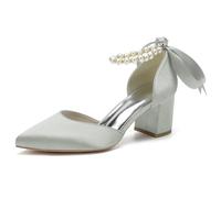 Eestfy Tacchi di Moda Donna in Raso Cinturino con Perle Fiocco Punta Aguzza Tacco A Blocco Sandali Eleganti Elegante Texture Lucida Scarpe da Sposa per da Festa Ed Eventi Serali,Argento,36 EU