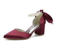 Eestfy Tacchi di Moda Donna in Raso Cinturino con Perle Fiocco Punta Aguzza Tacco A Blocco Sandali Eleganti Elegante Texture Lucida Scarpe da Sposa per da Festa Ed Eventi Serali,Wine Red,40 EU