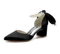 Eestfy Tacchi di Moda Donna in Raso Cinturino con Perle Fiocco Punta Aguzza Tacco A Blocco Sandali Eleganti Elegante Texture Lucida Scarpe da Sposa per da Festa Ed Eventi Serali,Nero,36 EU
