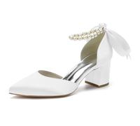 Eestfy Tacchi di Moda Donna in Raso Cinturino con Perle Fiocco Punta Aguzza Tacco A Blocco Sandali Eleganti Elegante Texture Lucida Scarpe da Sposa per da Festa Ed Eventi Serali,Bianca,40 EU