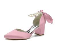 Eestfy Tacchi di Moda Donna in Raso Cinturino con Perle Fiocco Punta Aguzza Tacco A Blocco Sandali Eleganti Elegante Texture Lucida Scarpe da Sposa per da Festa Ed Eventi Serali,Rosa,41 EU