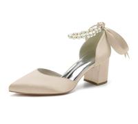 Eestfy Tacchi di Moda Donna in Raso Cinturino con Perle Fiocco Punta Aguzza Tacco A Blocco Sandali Eleganti Elegante Texture Lucida Scarpe da Sposa per da Festa Ed Eventi Serali,Champagne,35 EU