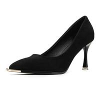 Eestfy Tacchi Stiletto Eleganti in Pelle Scamosciata a Punta a Punta Donna con Punta Metallica Dorata e Solette con Memory Foam, Decolleté Classici per Sera, Festa ed Eventi Formali,Black7cm,36 EU