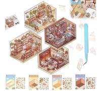 Eevhrqw 4 Set DIY 3D House Stickers,3D House Sticker Set,Sticker 3D House for Kids,3D Sticker Scenes Book,Fun DIY Stickers Scene Make Your Own Supermarket/Coffee Shop/Restaurant/Bookstore Adult Kids