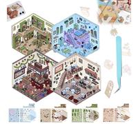 Eevhrqw 4 Set DIY 3D House Stickers,3D House Sticker Set,Sticker 3D House for Kids,3D Sticker Scenes Book,Fun DIY Stickers Scene Make Your Own Supermarket/Coffee Shop/Restaurant/Bookstore Adult Kids