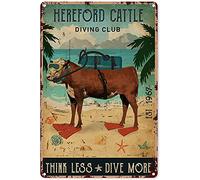 Eeypy Decorazione artistica da parete con animali per la stanza dei bambini Hereford Cattle Diving Club Think Less Dive More Targa in metallo Decorazione vintage in alluminio Poster da parete per