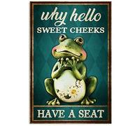 Eeypy Poster decorativo da parete in metallo con motivo rana e scritta in lingua inglese "Why Hello Sweet Cheeks Have A Seat" (lingua italiana non garantita)
