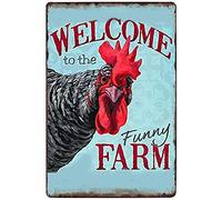 Eeypy Poster vintage in latta con scritta "Welcome to the Funny Farm" Country Cottage Chicken Coop Sign Retro Art Home Bar Restaurant Garage Cafe Gas Shop Decorazione da parete Targa in legno 12,7 x