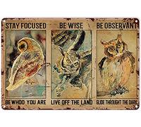 Eeypy Targa in metallo con gufo per esterni e giardino, con scritta "Stay Focused Owl", divertente targa decorativa vintage chic in metallo, decorazione da parete, regalo artistico per feste, bagno
