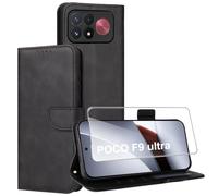 Effcotuo Cover per POCO F9 Ultra 5G, Custodia in Pelle a Libro con 1 Pellicola Vetro Temperato Protezione Schermo Portafoglio Porta Carte Cuoio Flip Case Libretto Antiurto,Nero