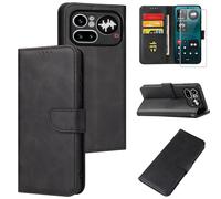 Effcotuo Custodia per Nothing Phone 4a Pro 5G, con 1 pellicola protettiva in vetro temperato, pieghevole, in pelle, con scomparto per carte di credito, colore: nero