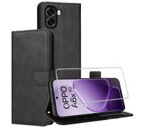 Effcotuo Custodia per Oppo A6X/A6T 4G/5G, con 1 pellicola protettiva in vetro temperato, pieghevole, in pelle, con scomparto per carte di credito, colore: nero