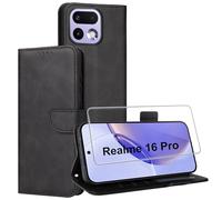 Effcotuo Custodia per Realme 16 Pro 5G, con 1 pellicola protettiva in vetro temperato, pieghevole, in pelle, con scomparto per carte di credito, colore: nero