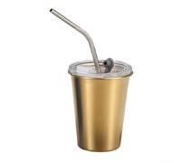 EffiFish Coffee to go - Tazza termica da viaggio con cannuccia, riutilizzabile, a doppia parete, in metallo, per bevande calde e fredde, escursionismo, colore: oro (oro, 350 ml)