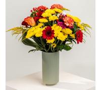 eFiori - Fiori Freschi a domicilio, Mazzo di fiori freschi. Fiori VERI tonalità calde Giallo/Arancio + Verde decorativo. DEDICA INCLUSA -> Opzione regalo e aggiungi la dedica nel campo NOTE.