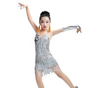 EFLAL Vestito da Nappa da Ballo Latino con Paillettes per Ragazze Samba Tango Salsa Belly Ballroom Dancewear Costumi da Competizione di Danza,Argento,150