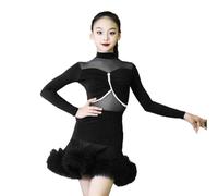 EFLALYHG Abiti per Bambine a Maniche Lunghe, Abito da Ballo Latino in Nylon, da Sala da Ballo, Tango, Salsa, Competizione, Festa, esibizione sul palco, Allenamento,Nero,180