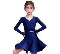 EFLALYHG Abito da Ballo a Maniche Lunghe per Ragazze, Rumba, Samba, Spettacolo di Danza, Gonna, Ballo Moderno, Abbigliamento da Sala Costumi per competizioni sul palco,Navy Blue,170