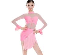 EFLALYHG Abito da Ballo Latino con Nappe per Ragazze - Completo per esercitazioni di Ballo da Sala Salsa Rumba cha cha Samba Tango Gonna da Competizione,Rosa,140