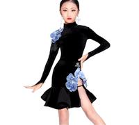 EFLALYHG Blu,150, Vestito da Ballo Latino per Ragazze, per spettacoli di Danza, Costumi da Ballo per Bambini, a Maniche Lunghe, per la Competizione di Ballo da Sala, Gonna da Festa
