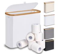 efluky 28L Cestino per Carta Igienica con Coperchio, Cesto Portaoggetti in Bambù Stretto Cestino Bagno Porta Carta Igienica, Porta Rotolo Carta da Terra per 9-12 Rotoli di Carta Igienica, Bianco