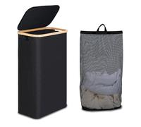 efluky Cesta Portabiancheria con Coperchio 75L, Cesto per la Biancheria Sottile con Tasca Interna Lavabile, Vassoio per la Biancheria Nero con Manici in Bambù, Cesti Pieghevoli per la Lavanderia