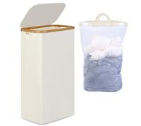efluky Cesta Portabiancheria con Coperchio 75L, Cesto per la Biancheria Sottile con Tasca Interna Lavabile, Vassoio per la Biancheria Beige con Manici in Bambù, Cesti Pieghevoli per la Lavanderia