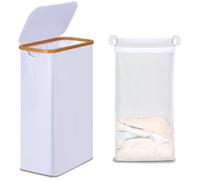efluky Cesta Portabiancheria con Coperchio 75L, Cesto per la Biancheria Sottile con Tasca Interna Lavabile, Vassoio per la Biancheria con Manici in Bambù, Cesti Pieghevoli per la Lavanderia (Bianco)