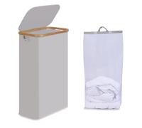 efluky Cesta Portabiancheria con Coperchio 75L, Cesto per la Biancheria Sottile con Tasca Interna, Vassoio per la Biancheria Grigio Chiaro con Manici in Bambù, Cesti Pieghevoli per la Lavanderia