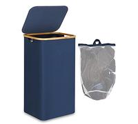 efluky Cesto portabiancheria XL con coperchio, cesto portabiancheria con manici in bambù e sacchetti interni, per organizzare i panni asciutti, pieghevole, per camere da letto (blu, XL, 100 L)