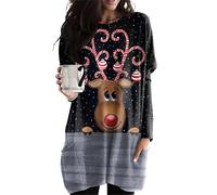 EFOFEI Da Donna Blocco di Colore Camicia Vestito Divertente Patchwork Natale Camicia Scollo A O Top Pullover Alce Blk Grigio S