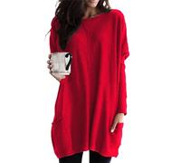 EFOFEI Donna Casual Slim Girocollo Costume Felpa Jumper con Tasca Laterale Batwing Manica Lunga Pullover Rosso XL