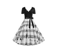 EFOFEI Donna L Ger L Guanti Comodo Vestito Loose Color Block Sun Skirt Wave Point Casual Scollo A V Vestito Note Musicali 3XL