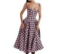 EFOFEI Donna Senza Maniche Plaid Abiti A Basso Taglio Ruched Comodo Abito Midi Cocktail Corset Abito con Tasche Plaid Rosa XL