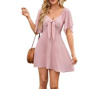 EFOFEI Donne Abiti Estivi Eleganti con Scollo A V A Trapezio Maniche Corte con Fiocco E Nodo sul Davanti Rosa L